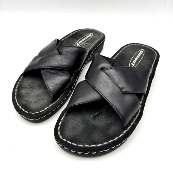 Vintage 90s Y2K Sideout TUCSON Black Leather Slip On Slide Sandals Size 7 - Picture 5 of 15